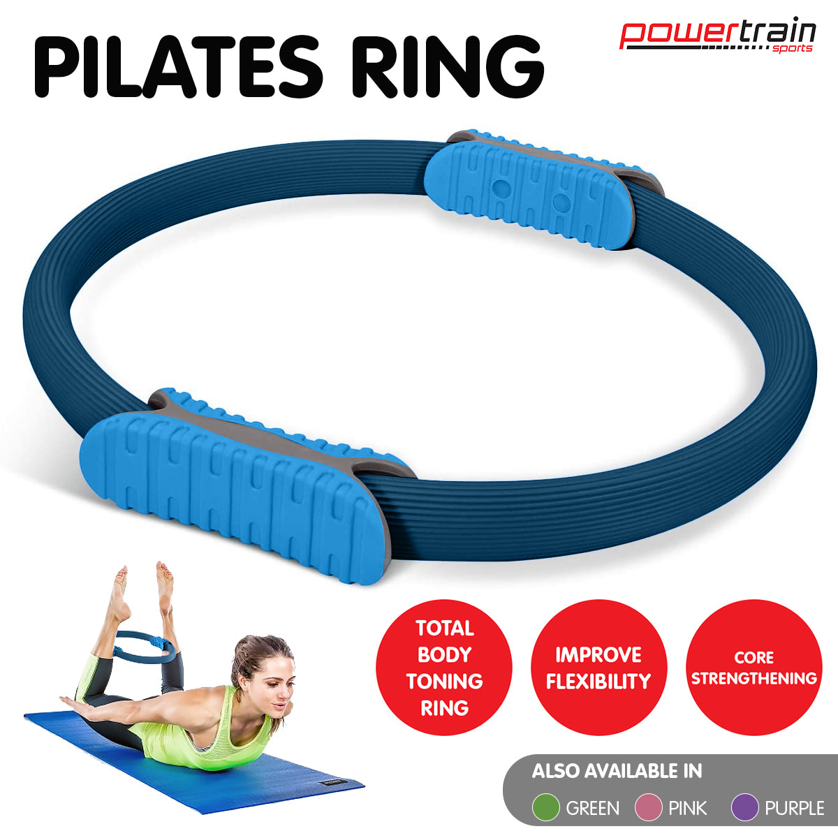 Powertrain 40cm Pilates Ring Magic Fitness Circle Dual Grip Handles for Yoga Core Thigh Workout Resistance - Blue
