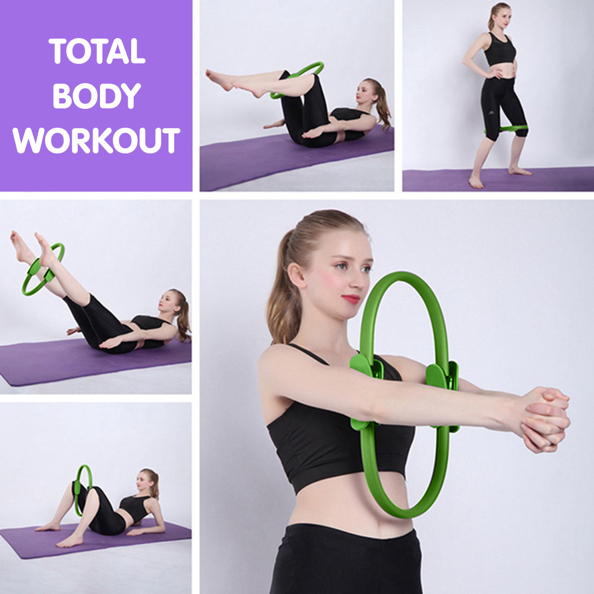 Powertrain 40cm Pilates Ring Magic Fitness Circle Dual Grip Handles for Yoga Core Thigh Workout Resistance - Green