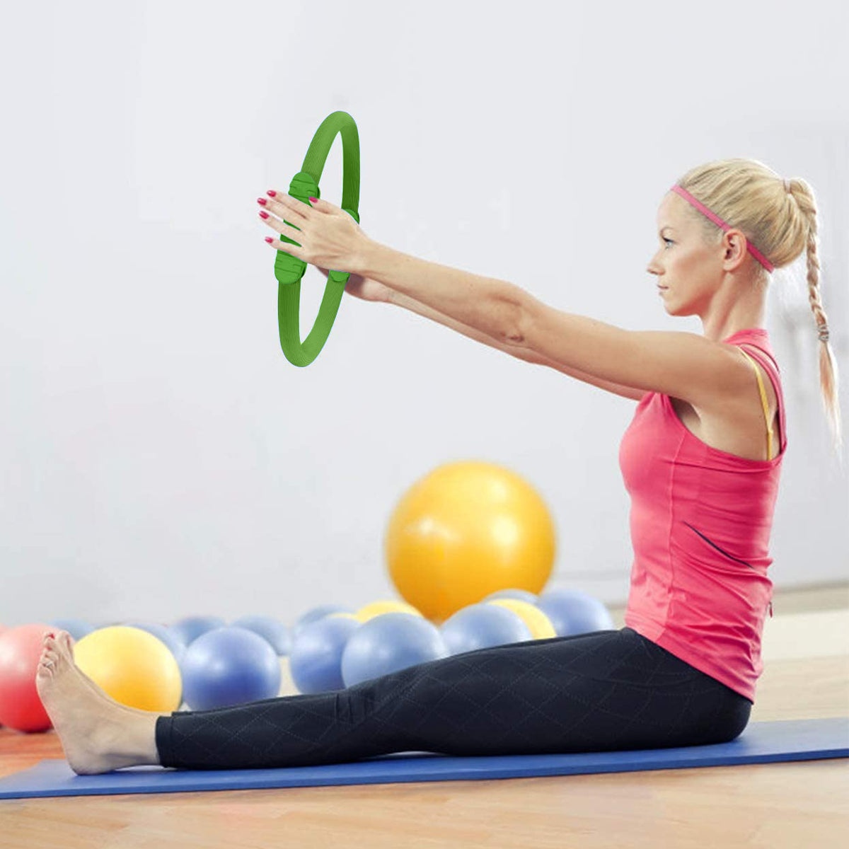 Powertrain 40cm Pilates Ring Magic Fitness Circle Dual Grip Handles for Yoga Core Thigh Workout Resistance - Green