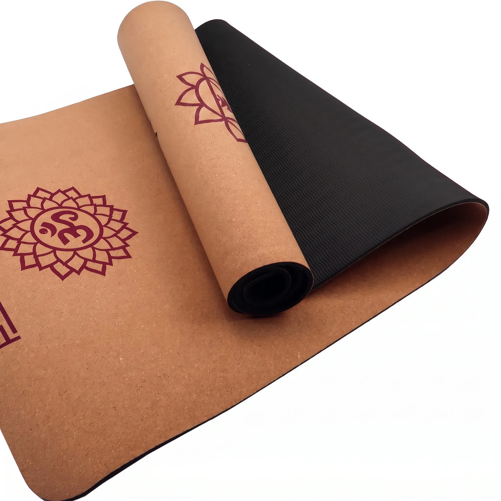 Powertrain 6mm Natural Cork Yoga Mat with Carry Strap, Non-Slip Cushioned Pilates Exercise Fitness Mat - Chakra