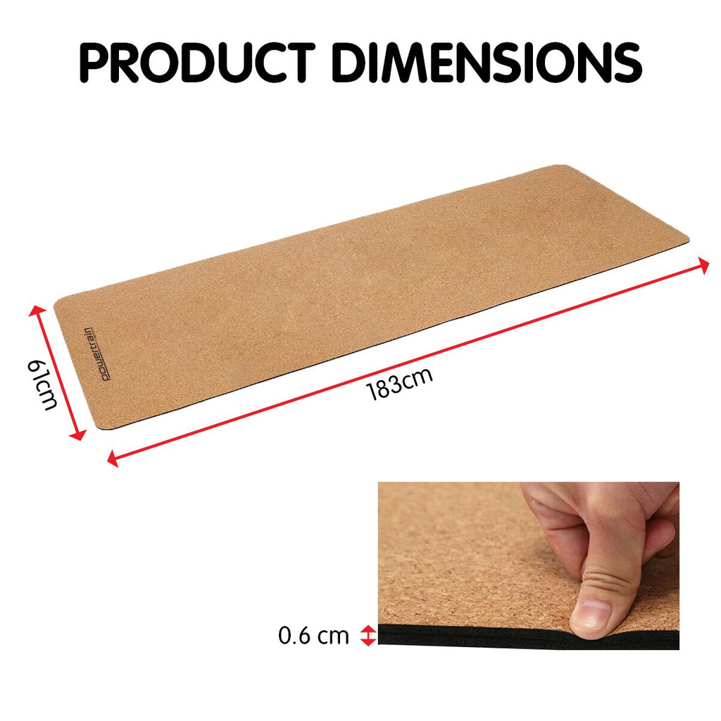 Powertrain Natural Cork Yoga Mat 6mm Thick Non-Slip Double Layer Cushioned Exercise Fitness Pilates with Carry Strap