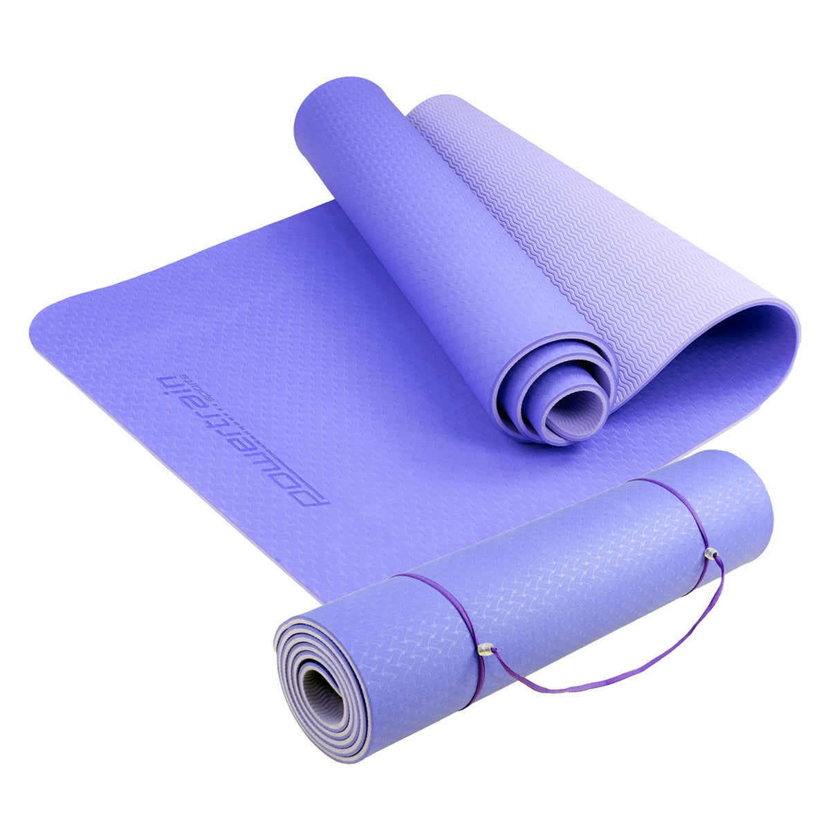 Powertrain 8mm Thick TPE Yoga Mat Non-Slip Home Gym Fitness Exercise Pilates Workout Mat with Carry Strap - Light Purple