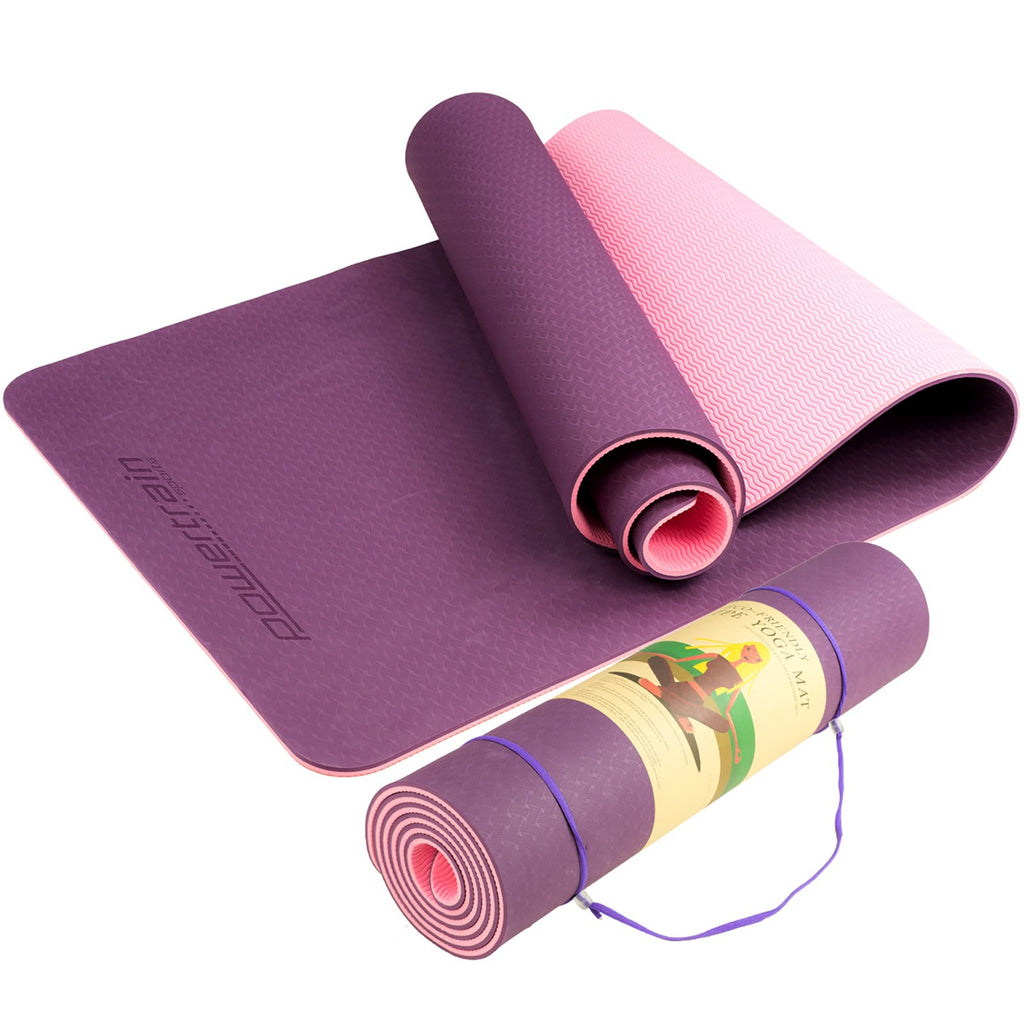 Powertrain 8mm Thick TPE Yoga Mat Non-Slip Home Gym Fitness Exercise Pilates Workout Mat with Carry Strap - Dark Purple