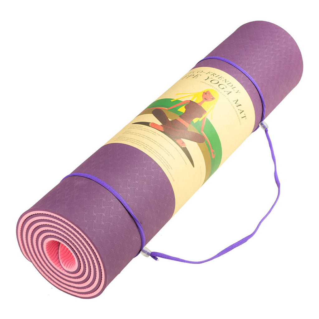 Powertrain 8mm Thick TPE Yoga Mat Non-Slip Home Gym Fitness Exercise Pilates Workout Mat with Carry Strap - Dark Purple