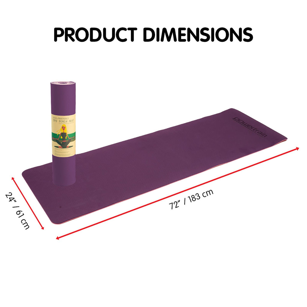 Powertrain 8mm Thick TPE Yoga Mat Non-Slip Home Gym Fitness Exercise Pilates Workout Mat with Carry Strap - Dark Purple