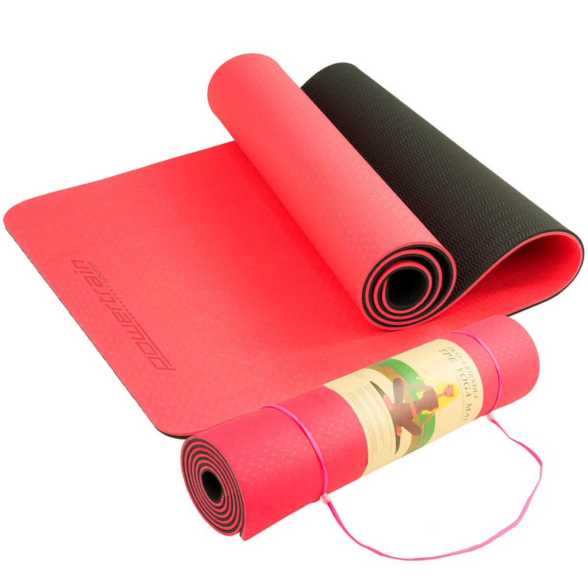 Powertrain 8mm Thick TPE Yoga Mat Non-Slip Home Gym Fitness Exercise Pilates Workout Mat with Carry Strap - Red
