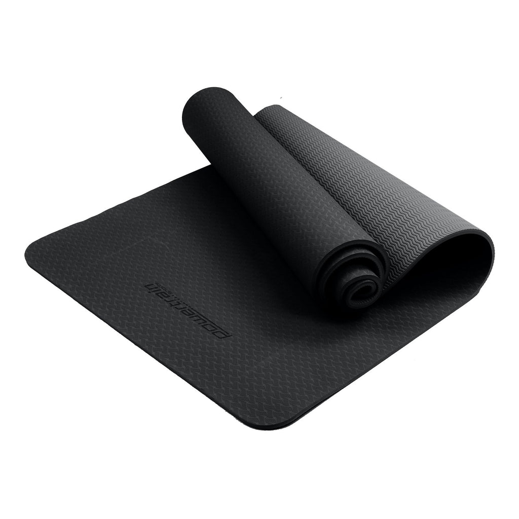 Powertrain 6mm Non-Slip TPE Yoga Mat Double Layer Exercise Pilates Fitness Workout Mat with Carry Strap - Black