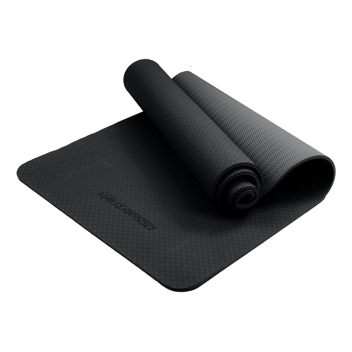Powertrain 6mm Non-Slip TPE Yoga Mat Double Layer Exercise Pilates Fitness Workout Mat with Carry Strap - Black
