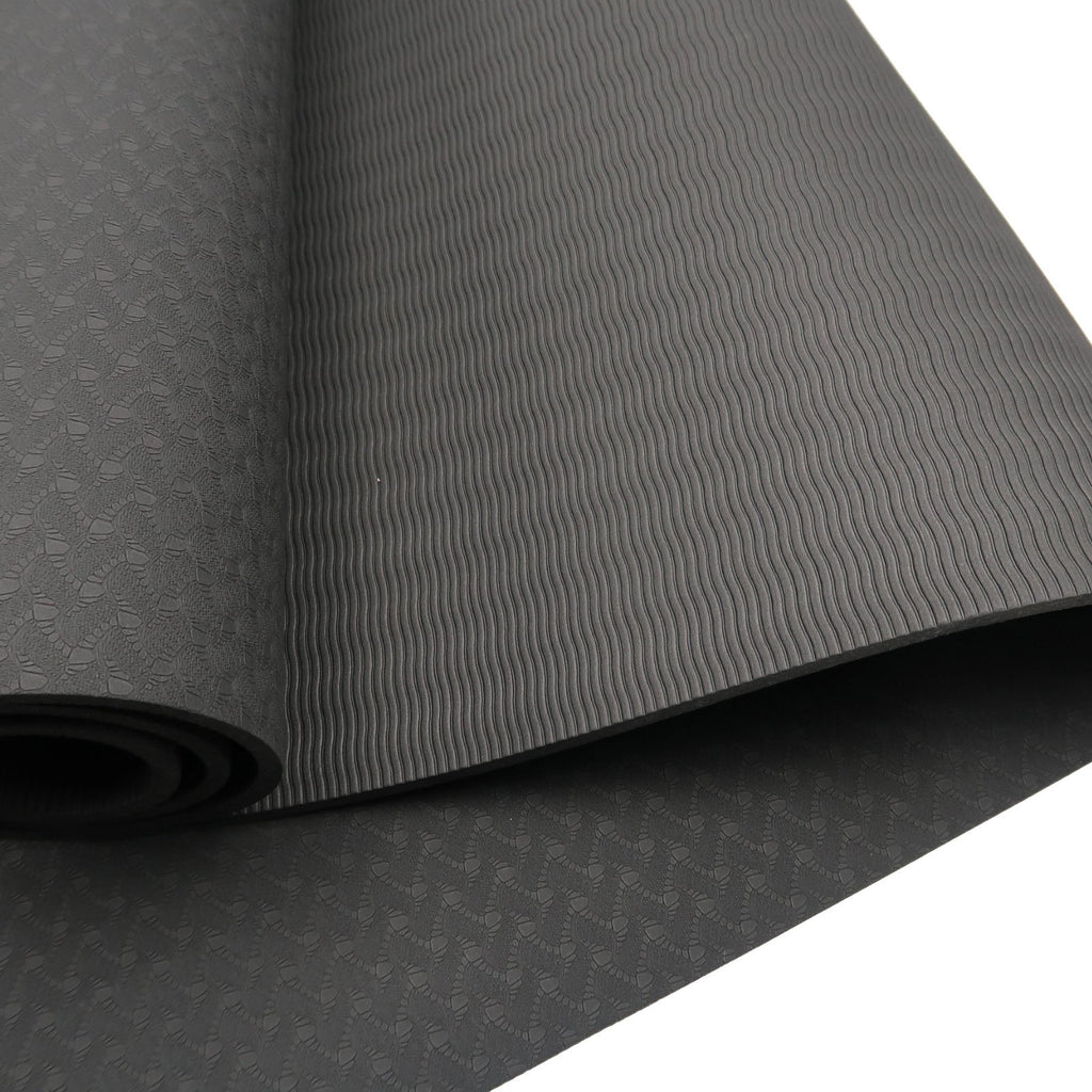 Powertrain 6mm Non-Slip TPE Yoga Mat Double Layer Exercise Pilates Fitness Workout Mat with Carry Strap - Black