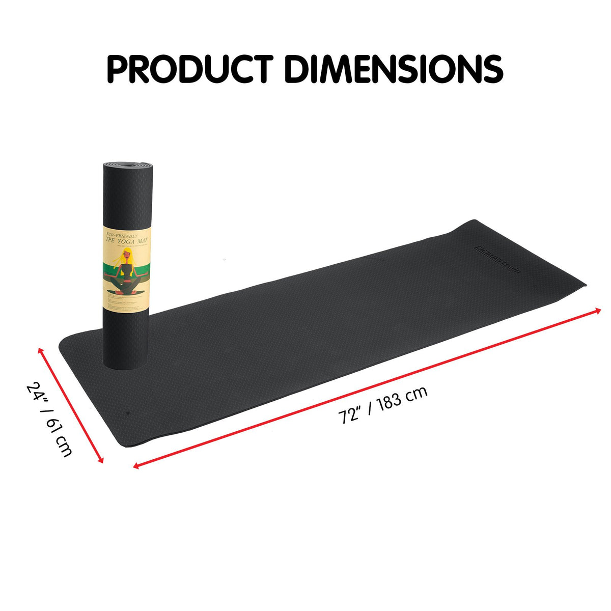 Powertrain 6mm Non-Slip TPE Yoga Mat Double Layer Exercise Pilates Fitness Workout Mat with Carry Strap - Black
