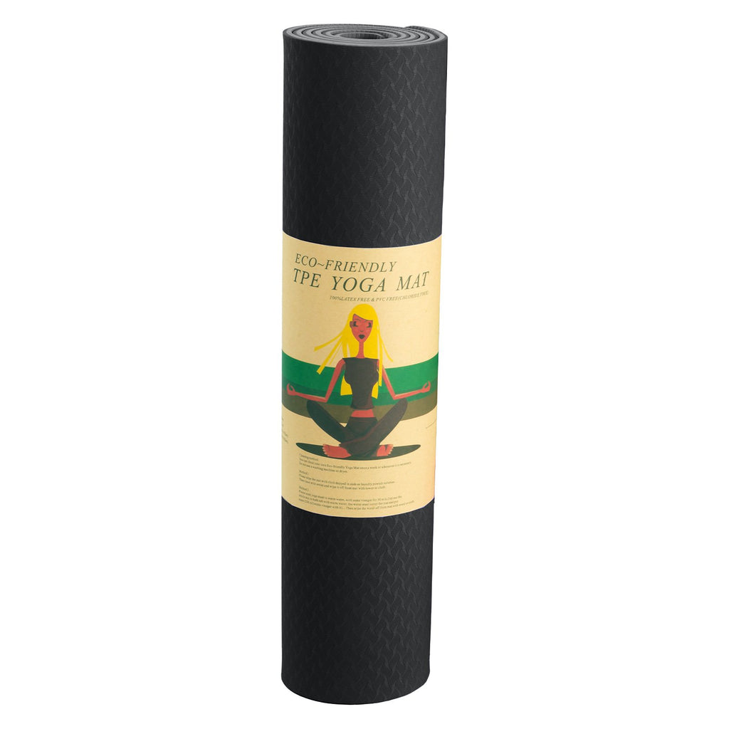 Powertrain 6mm Non-Slip TPE Yoga Mat Double Layer Exercise Pilates Fitness Workout Mat with Carry Strap - Black