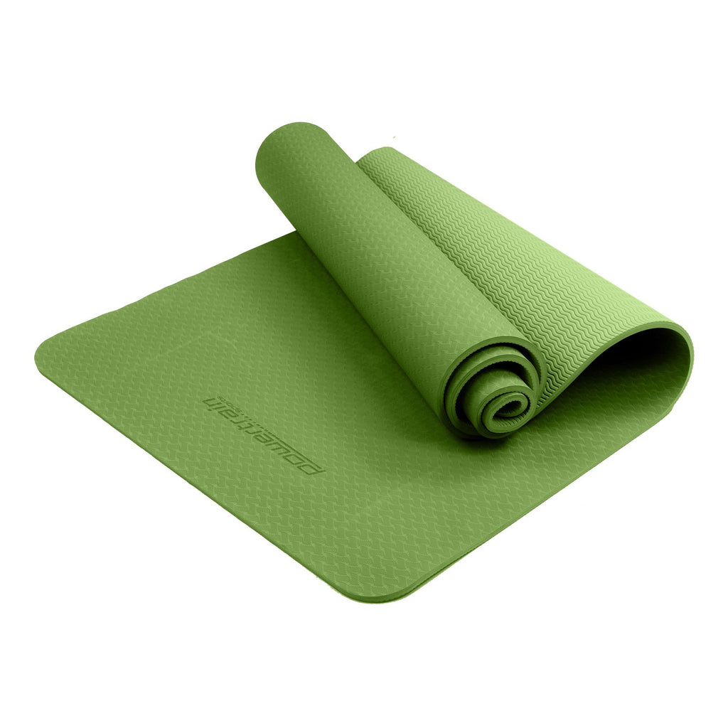Powertrain 6mm Non-Slip TPE Yoga Mat Double Layer Exercise Pilates Fitness Workout Mat with Carry Strap - Green